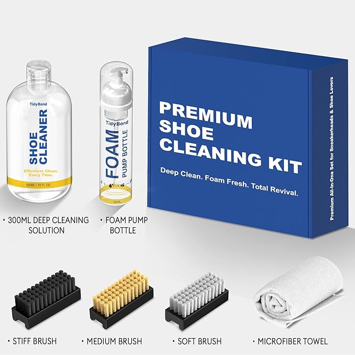 Shoe Cleaner Kit for Sneakers – 10.6oz Premium Shoe Cleaning Set with 3 Brushes & Microfiber Towel, Sneaker Cleaner for White Shoes, Boots, Leather, Suede, Canvas, Mesh, PU & Fabric