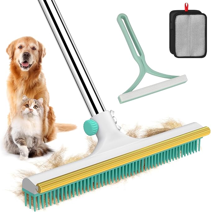 Carpet Rake for Pet Hair Removal - 60" Adjustable Long Handle Carpet Rake, 3 in 1 Reusable Pet Hair Removal Tool Kit, Cat Dog Fur Rakes Scraper Carpet Broom (White)