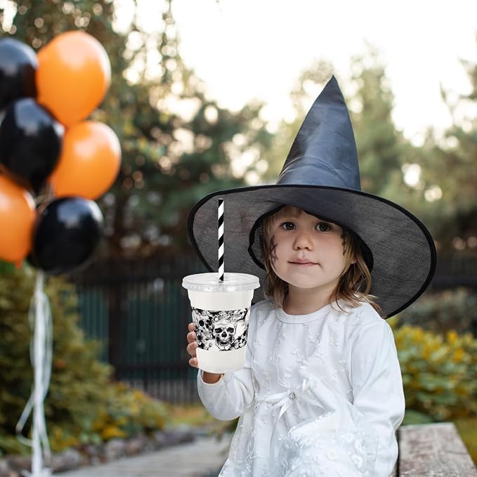 Whaline 50 Pcs 12 Oz Halloween Disposable Plastic Cups with Lids and Straws Black Gothic Sketch Skull Floral Cold Beverage Drinking Cups for Trick or Treat Party Supplies