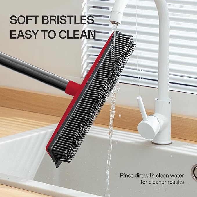 Pet Hair Rubber Broom with Squeegee for Carpet,Fur Remover Broom Carpet Rake for Pet Hair Removal, with 50"(130cm) Long Handle, Dual-Sided for Hardwood Floor, Tile,Portable Detailing Lint Brush-Red