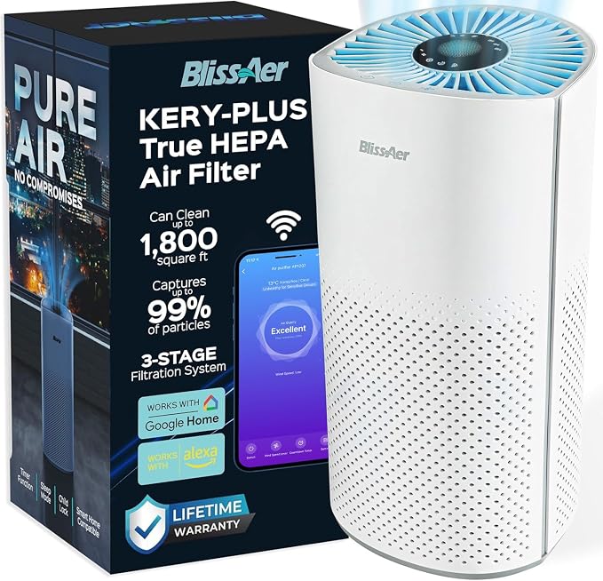 Air Purifier for Home Large Room Pets Up to 1800 Ft² - Smart WiFi & Voice Control True HEPA Air Purifier For Home Bedroom and Office, Smoke, Dust, Pet Dander, Pollen, Sleep Mode - Kery Plus
