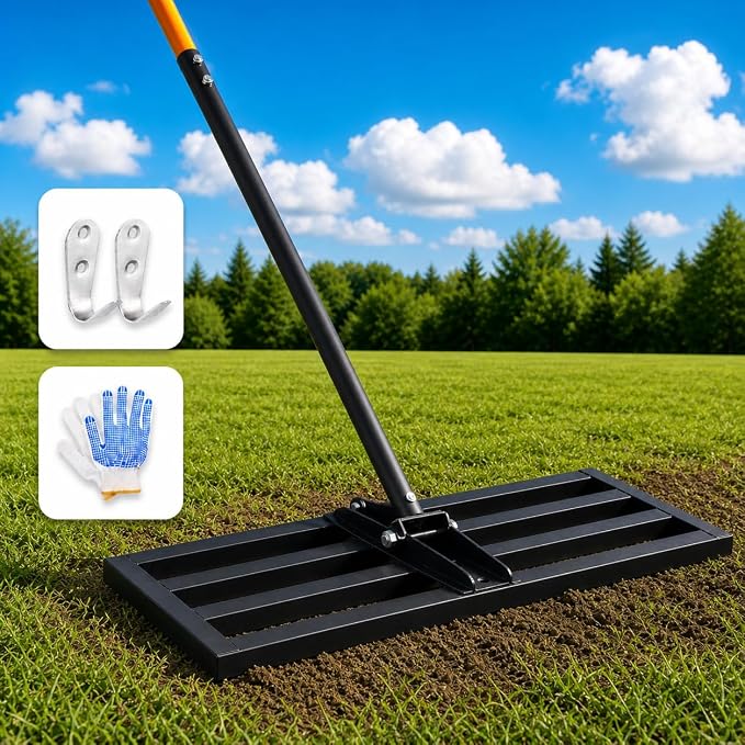 30" x 10" Leveling Rake for Backyard Leveling Kit, 6.5FT Heavy Duty Lawn Leveling Tool for Uneven Grass & Soil, Stainless Steel Yard Leveling Rake for Seeding, Includes Bonus Gloves & 2 Hooks, Black
