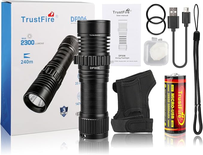 Trustfire DF006 Dive Light - 2300 Lumen Underwater Flashlight, 100 Meters Scuba Diving Light, IPX8 Waterproof, 3 Modes With Holder Glove