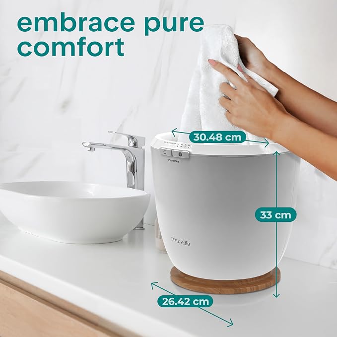 SereneLife Counter Towel Warmer Bucket - with Customized Fragrance for Spa and Bathroom, Luxury Towel Heater, Auto Shut Off, Fits 1 Large Towel, Blanket, Bathrobe, PJs (Natural)