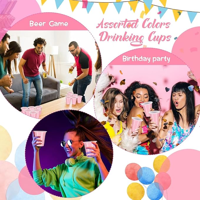 Sabary 100 Pack 12oz Plastic Cups Light Pink Wedding Heavy Duty Drinking Disposable Cups with Lines for Beverage Graduation Holiday Camping Barbecues Birthday Party Summer Outdoor Picnic