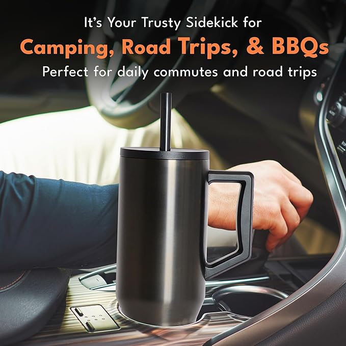 Elemental 40 oz Tumbler with Handle and Straw - Spill Proof Insulated Stainless Steel Commuter for Cold Beverages - Travel Coffee Mug with 2 Straws & Spill Proof Lid - 40oz- Gunmetal