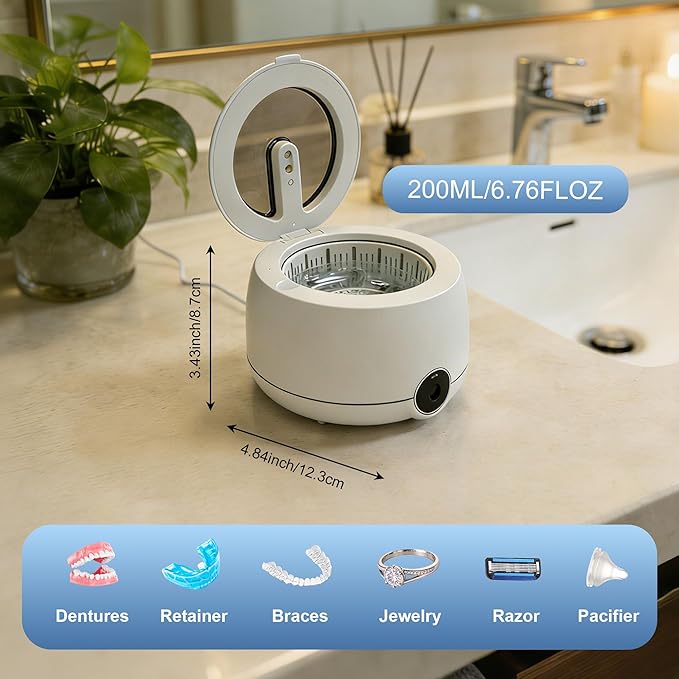Ultrasonic Retainer Cleaner, Retainer Cleaner Machine for Dentures & Invisalign, 45kHz UV Dental Cleaner Removes Stains & Buildup, 3 Modes, 200ml for Aligners, Mouth Guards