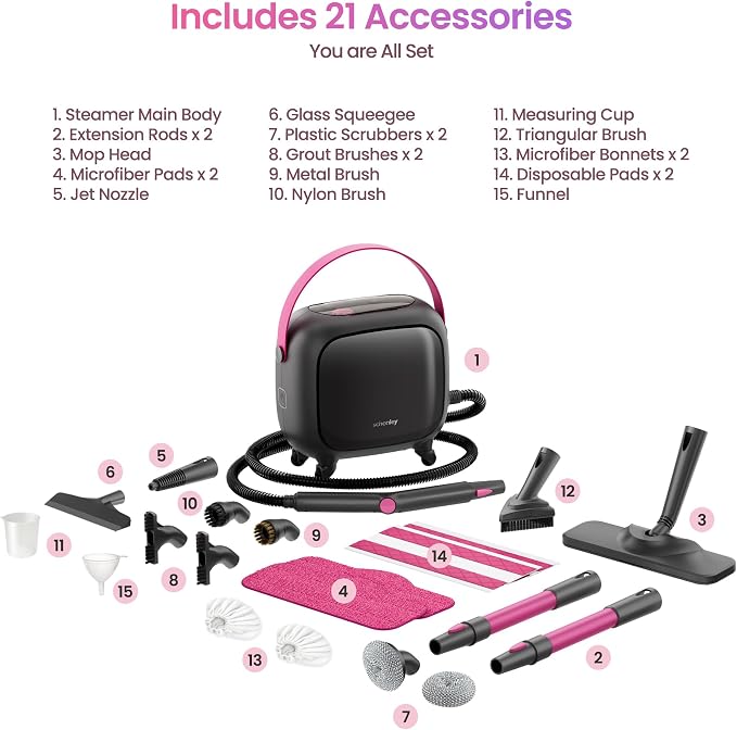 Schenley 21-in-1 Steam Cleaner, High-Pressure Heavy-Duty Steamer for Deep Cleaning Floors, Tiles, Upholstery, Grout, Grill and Cars, Fast Heat-Up, Large Water Tank, Multi-Purpose, Portable Design