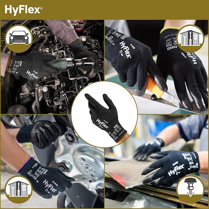 HyFlex 11-542 Cut/Heat-Resistant Kevlar Mechanical Work Gloves w/Nitrile Palm for Machinery, EMS, Automotive - Size 9, Black (12 Pairs)