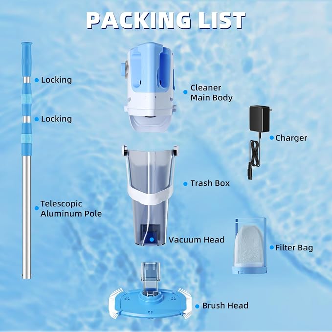 Cordless Pool Vacuum Above & Inground Pools, Powerful 1590 GPH Suction,Handheld Telescopic Pole up to 85.45", 1H Runtime, 2L Debris Bin, Rechargeable Pool Cleaner for Spas & Hot Tubs (Blue&Grey)