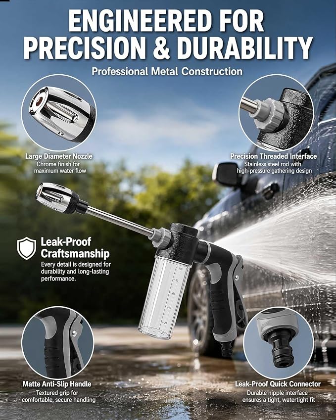 Heavy Duty Garden Hose Nozzle, 2026 Upgraded High Pressure Water Cleaning Jet, Multi-Function Sprayer for Lawn, Yard, Car, Pet, Driveway – Universal Fit 3/4 Inch Thread, No Electricity Needed