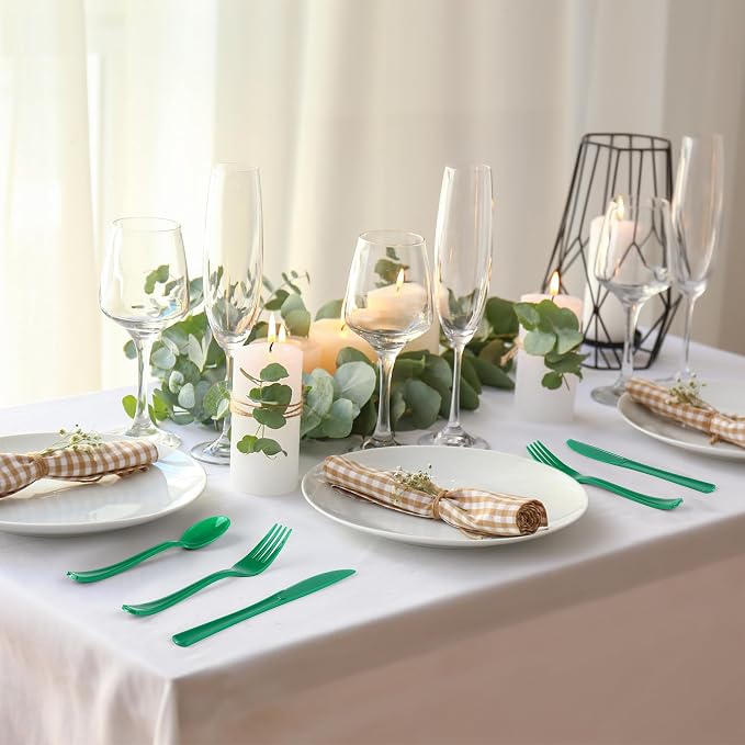 Kochorie 300Pcs Graduation Ink Green Heavy Duty Disposable Plastic Silverware Set, Premium Sturdy Cutlery Flatware Include Forks Knives Spoons for Graduation Birthday Wedding Party Dinner