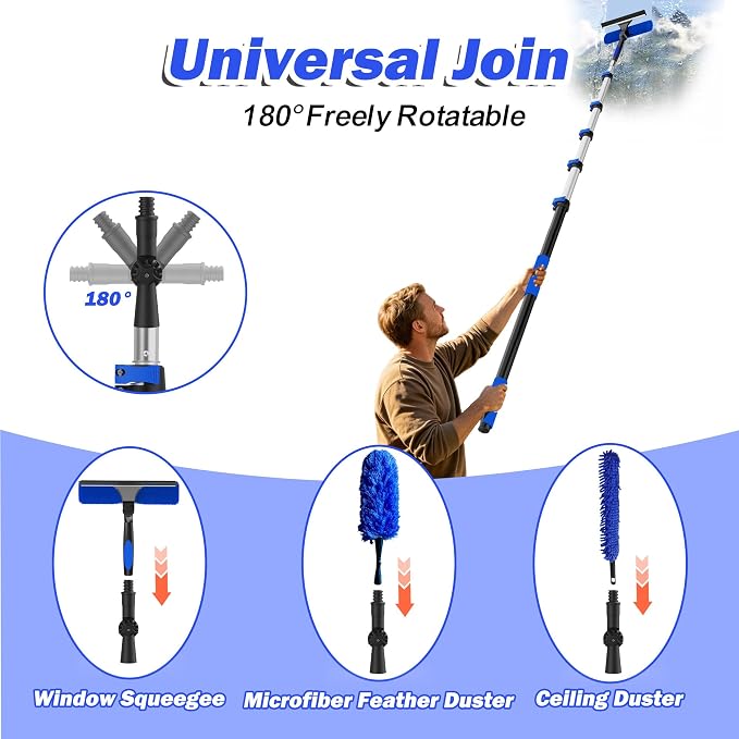 30T Reach Duster Kits, Window Cleaning kit with 5-24FT Telescoping Extension Pole, Cobweb Duster, Washable Fan Duster for Ceiling, Window Squeegee for Glass and Microfiber Feather Duster