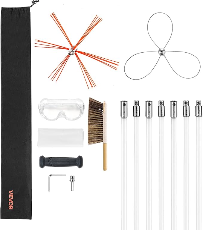 VEVOR Chimney Sweep Kit, 23 ft Maximum Extendable Length Chimney Brush, Chimney Cleaner Sweeper with Dual Brush Heads, Brush & Goggles, Fireplace Cleaning Tool for Square, Rectangle, Arch Chimneys