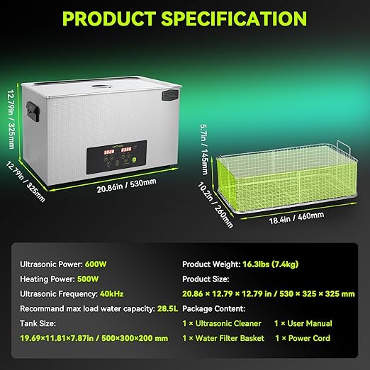 Commercial Ultrasonic Cleaner, ECO Mode, Heating, Degas Mode, ECO Energy-Saving Ultrasonic Cleaning Machine Excellent for Labs,Carburetor,Jewelry,Dentures,Automotive & Industrial Parts. (30L)