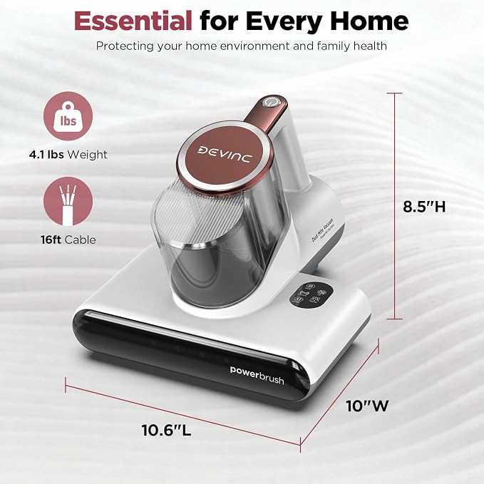 DEVINC Mattress Vacuum Cleaner, 16Kpa 650W Bed Vacuum Cleaner with 245nm UV-C Light& Ultrasonic, 140°F Heat, HEPA Filter, Versatile Handheld Vacuums for Bed, Sofa, Couch, Crib, Beige Corded