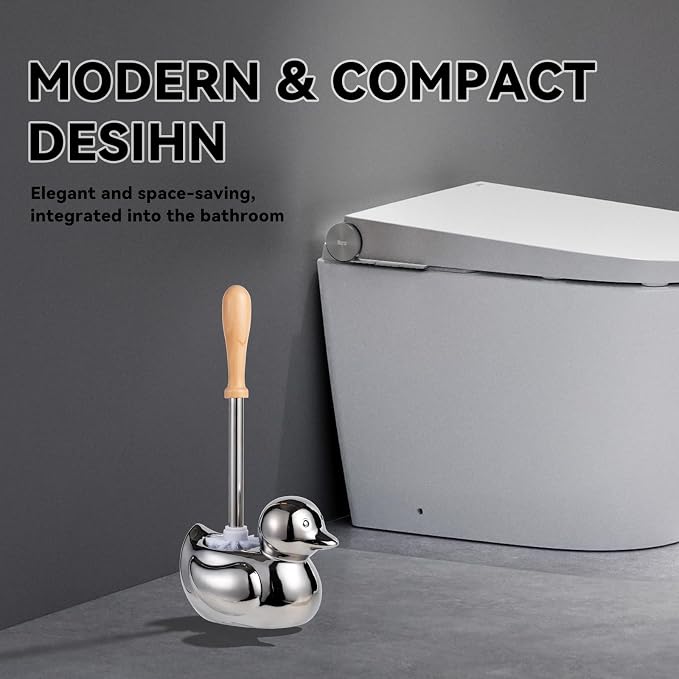 Toilet Brush Holder Set - Ceramic Silver Toilet Scrubber Brush with Duck Base, Bathroom Cleaning Brush, 7.5" Cute Toilet Brush Organizer, Home Decor& Easy Wipe Clean