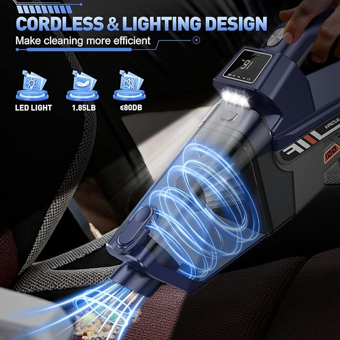 Handheld Vacuum Cordless, 16000PA High Power Car Vacuum Cleaner, Portable Hand Held Vacuum Cleaner with LED Light & Multi-Nozzles, Dust Buster Rechargeable for Home, Car, Office, Pet