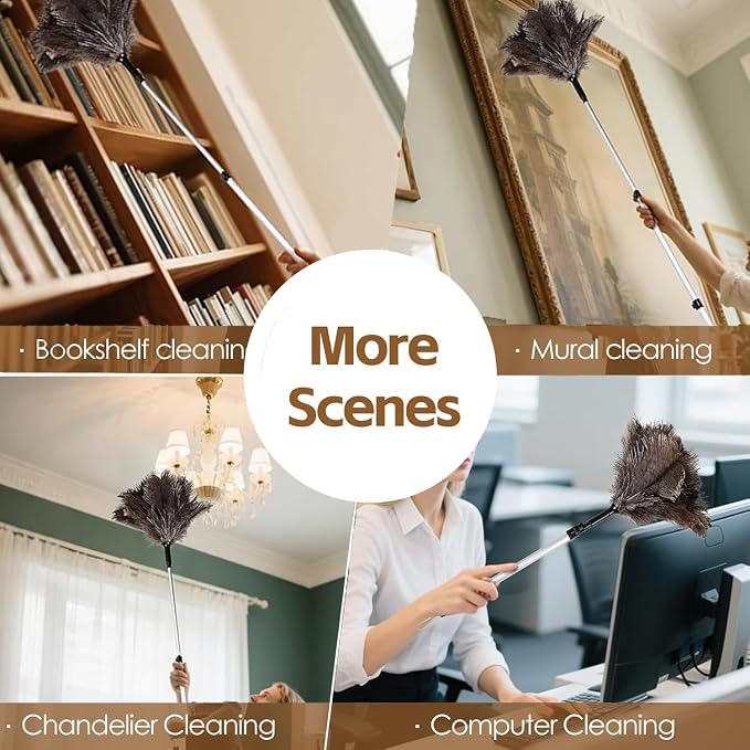 Extendable Ostrich Feather Duster up to 25-49 inches Fluffy Feathers Long Handle Reusable for Cleaning Ceiling Fan Pendant lamp Feather Duster 1pcs