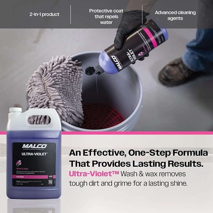 Malco Ultra Violet Premium Wash'n Wax – Best 2-In-1 Car Wash and Wax/Cleans and Provides A Durable, High-Gloss Shine in One Fast and Easy Step / 1 Gallon (107101)