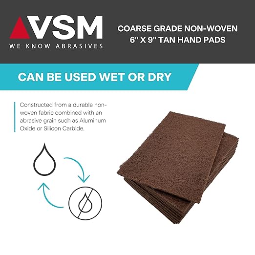 VSM 10-Pack: 6" x 9", Tan - Coarse, Non-Woven Hand Pad, Aluminum Oxide Grains, Rust and Oxidation Resistant, Multipurpose Abrasive Scrub Pad for Finishing and Cleaning
