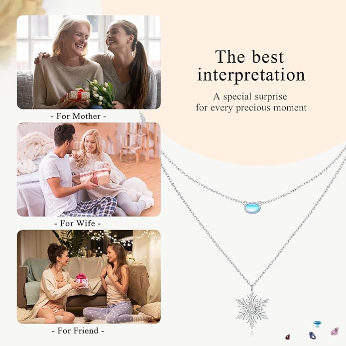 FLYOW Layered Choker Necklace S925 Sterling Silver Star Full Moon Daisy Flower Pendant Disc Jewelry Adjustable Clavicle Necklaces for Women Girls Birthday Gifts