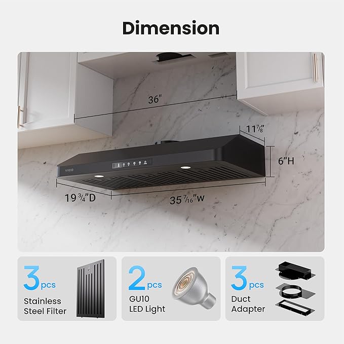 VIKIO HOME Range Hood 36 Inch Under Cabinet, Black Stainless Steel Range Hood With 980 CFM, Three-Speed Gesture & Touch Control, Kitchen Hood With Widened Filter Baffle,Easy Clean Coating,G10 Light