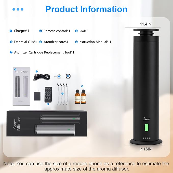 Hotel Collection Diffuser Machine,1500 Sq Ft,USB Plug-in & Rechargeable,Remote,Whisper-Quiet,Aluminum,Waterless Essential Oil Diffuser - Matte Black
