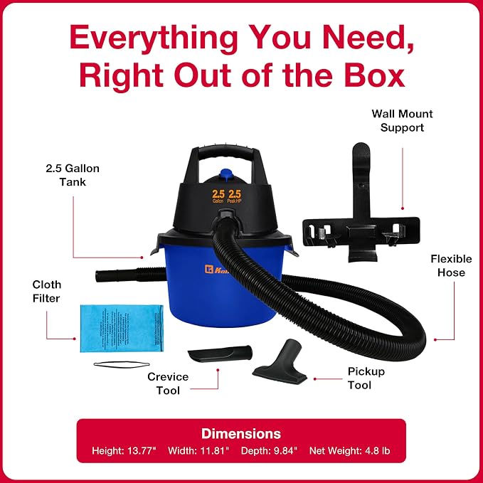 Koblenz Wet Dry Vacuum Cleaner, 2.5 Gallon 2.5 PHP, 60 CFM, 10 ft Reach, TWIST-N-LOCK Hose, Wall Mount, Small Shop Vac, Portable Shop Vac for Home Car Garage, Accessories Included, Blue/Black, WD-2.5L