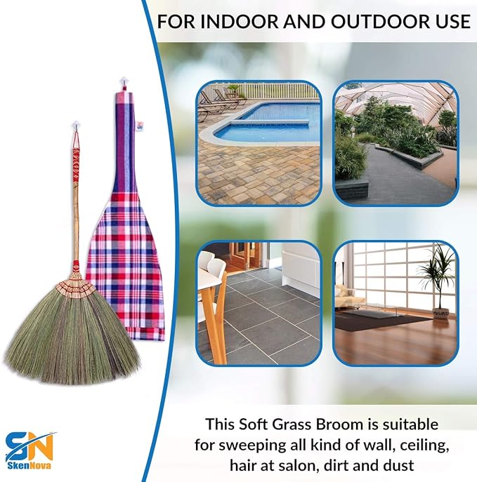 1 Piece of 24'inch Tall of Thai Natural Grass Broom and 1 Piece of Loincloth Storage Bag Asian Broom Hand Broom Duster Grass for dusting Dirt and dust