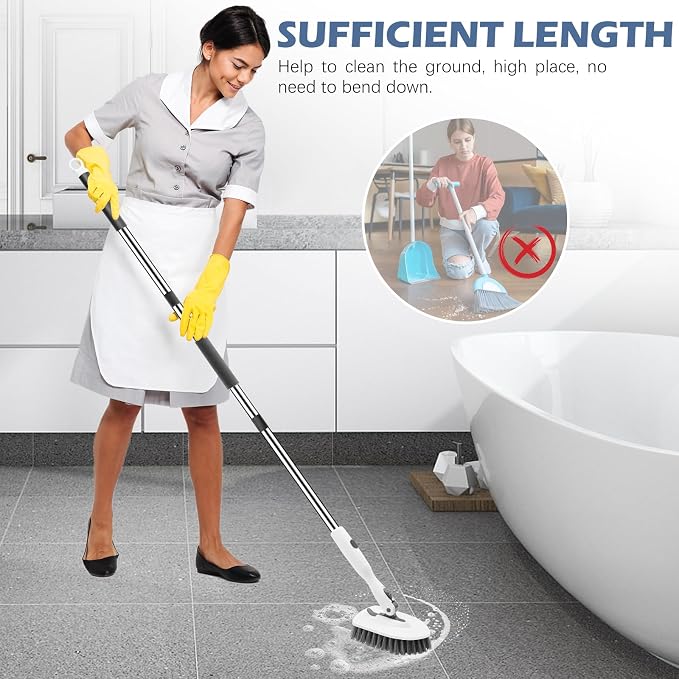 SetSail Floor Scrub Brush, 3-in-1 Tile Tub Floor Scrubber with 52-inch Adjustable Long Handle Shower Cleaner Brush and 3 Detachable Replacement Brush Heads for Cleaning Bathroom Tub Tile, White Grey