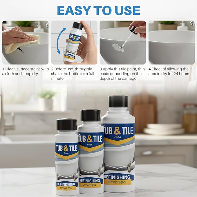 Tub and Tile Paint, 1.8 oz Bathtub Paint for Bathtub, White Touch Up Paint for Sink, Bathroom and Toilets, Water Based & Low Odor, Semi-Gloss white, 2.5-3sq.ft(No Need Part B)