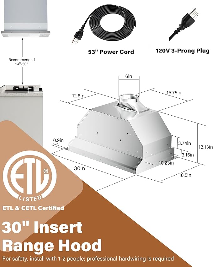 30 inch Stainless Steel Insert Range Hood - 900 CFM, Ultra-Quiet 4-Speed Vent, Touch/Remote Control, LED Lights, Ducted/Ductless Convertible