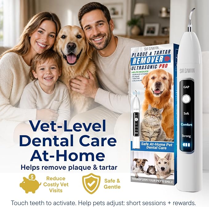 SIRGAWAIN Pet Ultrasonic Dental Cleaner — Plaque, Tartar & Stains Remover, 4 Tips, 3 Modes, LED, Contact-Activated & Smart Touch Protection, Complete Cleaning Kit for Dogs & Cats