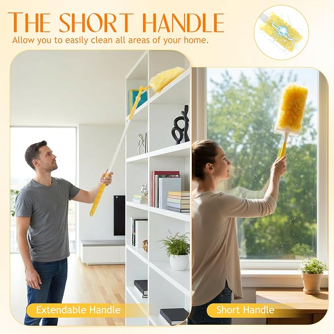 50 PCS Heavy Duty Duster Refills with Retractable Handle and Short Handle, Disposable Surface Duster Kit for Cleaning Dusting Furniture Blind Ceiling Fan(Yellow)