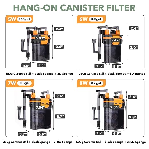hygger External Hang-On-Back Canister Aquarium Filter,Quiet Fish Tank Filter with 3-Stage Filtration,Anti-Dry Burn Motor,Adjustable Flow,Oil Skimmer,Duckbill Nozzle,Shower Spray Bar (5W,≤10 gal)