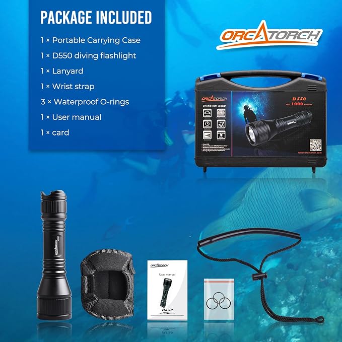 ORCATORCH D550 Dive Light 1000 Lumens Scuba Diving Flashlight 3 Modes IP68 Waterproof Underwater Lights Night Dive Submarine Torch with Wrist Mount for Outdoor Exploration Under Water Sports