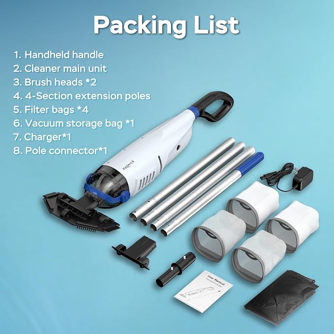 Pool Vacuum for Above Ground Pool with 72.85" Pole, Upgraded 18.5 GPM Powerful Suction Handheld Pool Vacuum, 4 Filter Bags & 1H RunTime Rechargeable Pool Vacuum Cleaner for Above/Inground Pools
