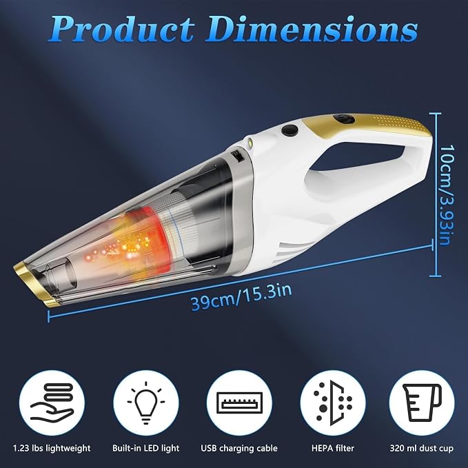 Handheld Vacuum Cordless Rechargeable, Portable Car Vacuum Cleaner | Strong Suction Hand Vacuum with LED Light, Washable Filters and Attachments for Car, Pet Hair, Home and Office