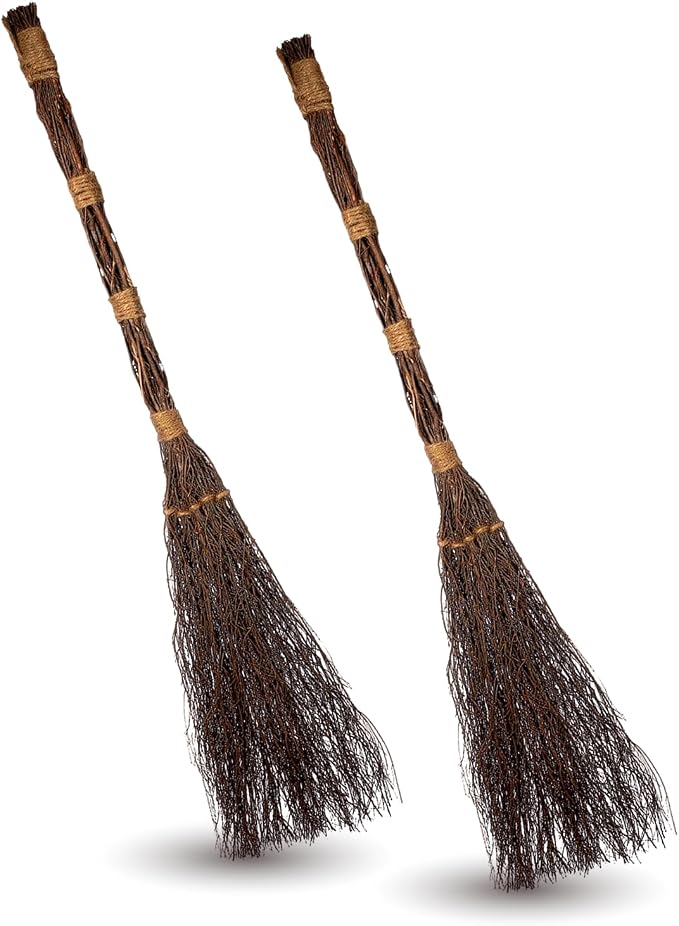 Cinnamon Twig Brooms 36in (2 Pack) - Rustic Fall Broom Decor – for Halloween Porch or Entryway - Real Stick Witch Broom Decorations Wrapped in Jute Rope - Autumn Thanksgiving Display