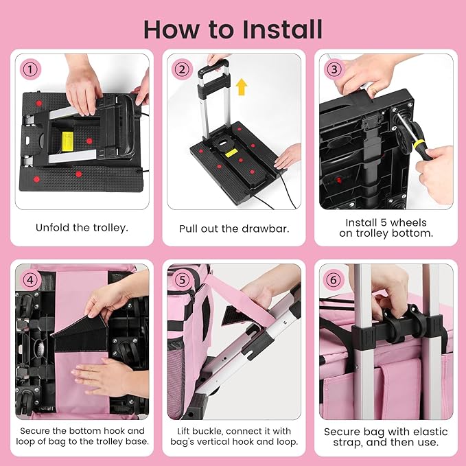 Housolution Extra Large Rolling Cleaning Caddy Bag with Detachable Trolley, Upgraded 360° Free Rotating with 5 Wheels and Dust-Proof Lid, Professional Cleaning Supplies Bag for Housekeepers, Pink