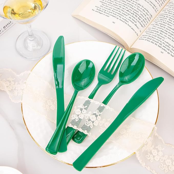 WDF 160 Pcs Green Plastic Silverware - Heavy Duty Silverware Includes 80Forks, 40Spoons, 40Knives, Green Plastic Utensils Perfect for Party/Wedding/Birthday/Daily Using