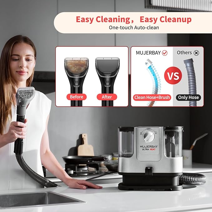 Upholstery Carpet Cleaner, MUJERBAY UltraHeat 12Kpa Portable Spot & Stain, Move with Universal Wheels & Handle, 1.18-inch Deep Cleaning Machine for Couch, Stairs, Car & Pet Messes.Silvery Black