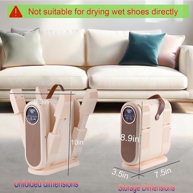 Portable Boot Dryer Folds for easy storage Constant-temperature dehumidification Features aromatherapy deodorization 360-minute timer 4 boot heaters Suitable for work boots ski boots sneakers socks