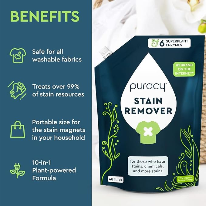 Puracy Stain Remover - Cleaning Spray for Clothes, Laundry Spray for Clothes, Travel Stain Remover - Natural Spot Cleaner, 12oz & 48oz Bundle