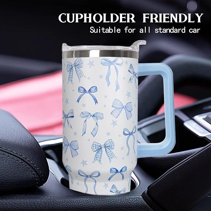 Ceovfoi 40 Oz Blue Bow Tumbler With Handle, Blue Bow Decor Coffee Travel Mug Cup Water Bottle, Gifts for Women Girls