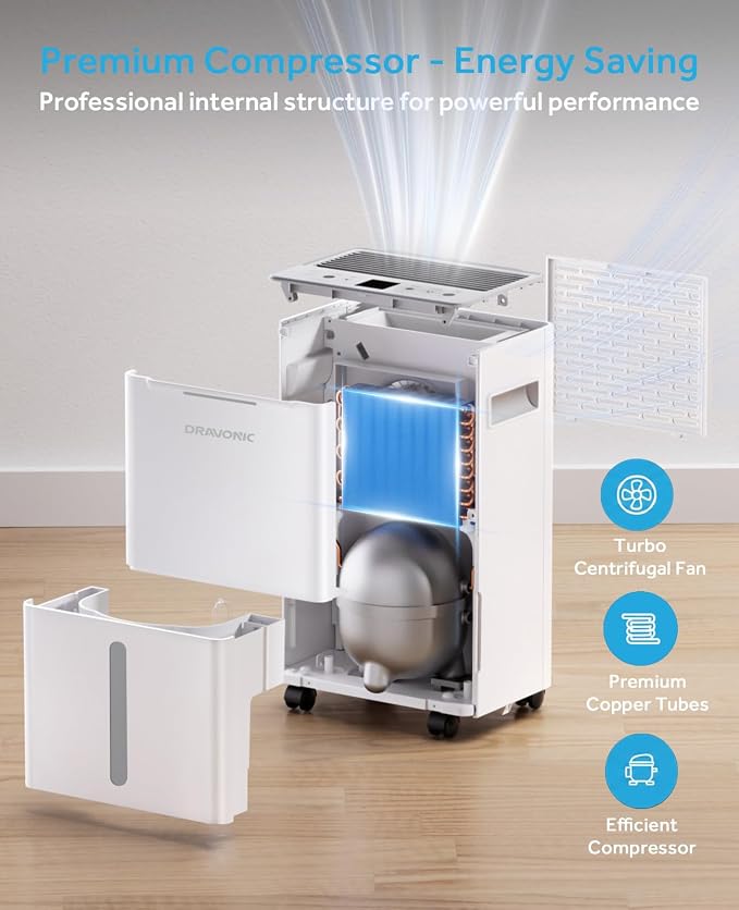 Dehumidifier for Basement & Large Room, Color Humidity Ring Light, Quiet for Home & Bedroom, Drain Hose Included, 3 Modes, Auto Humidity Control (Off-White, 1,500 Sq.Ft)