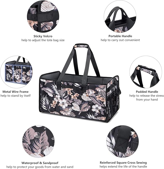 Extra Large Utility Tote Bag with Wire Frame Reusable Grocery Bags Foldable Heavy Duty Shopping Bags for Groceries Collapsible Totes with Handles for Carrying Heavy Loads Storage Car Trunk