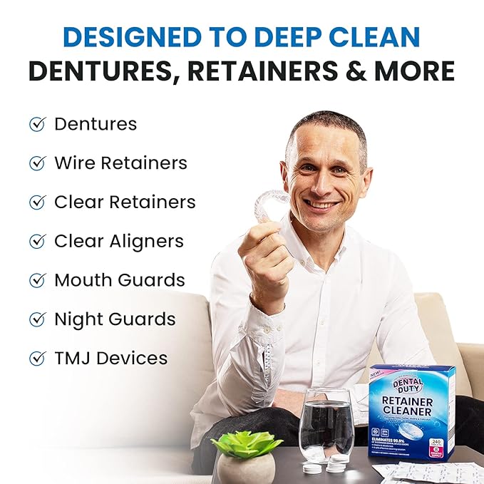 240 Units Retainer and Denture Cleansers Tablets (8 Months Supply) - Cleaner Removes Plaque, Stains from Dentures, Retainers, Night Guards, Mouth Guard, Aligners and Removable Dental Appliances
