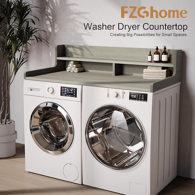 Washer Dryer Countertop, 54" x 27.55" 2-Tier Washer Dryer Topper with Edge, for Laundry Room Organization Pale Grey Wood